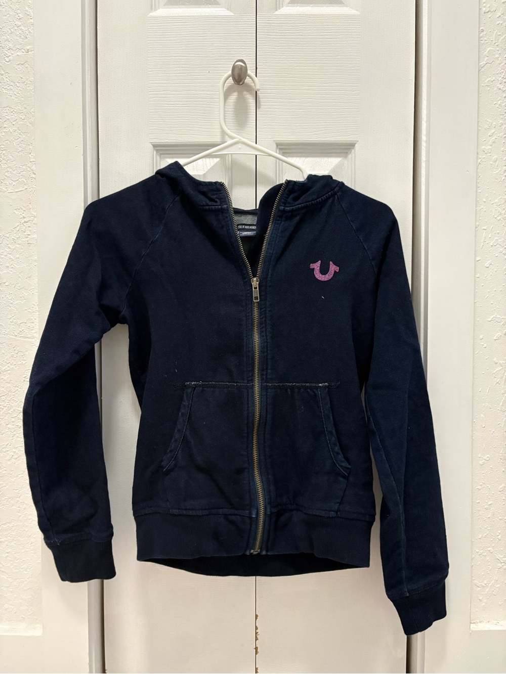 Vintage True Religion Zip Up Hoodie Jacket Y2K Navy Blue Pink Logo M/M